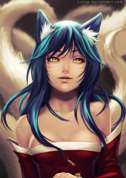 Rule 34 | 1girl, ahri (league of legends), animal ears, bare shoulders, blue hair, breasts, cleavage, detached sleeves, facial mark, fox ears, fox tail, league of legends, long hair, multiple tails, oana birtea, small breasts, solo, tail, watermark, whisker markings, yellow eyes, yuuza