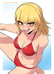 Rule 34 | 1girl, absurdres, arm support, bikini, blonde hair, blunt bangs, blush, boku no hero academia, breasts, cleavage, collarbone, dashi (dashiart), fangs, highres, looking at viewer, medium breasts, navel, open mouth, red bikini, smile, solo, swimsuit, toga himiko, tongue, tongue out