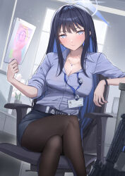 Rule 34 | 1girl, black pantyhose, black skirt, blue archive, blue eyes, blue hair, blue shirt, blush, breasts, chair, cleavage, closed mouth, collared shirt, commentary request, crossed legs, feet out of frame, halo, highres, holding, holding paper, indoors, jewelry, large breasts, long hair, long sleeves, looking at viewer, necklace, pantyhose, paper, partial commentary, saori (blue archive), shirt, shirt tucked in, shougun (chuckni1), sitting, skirt, smile, solo