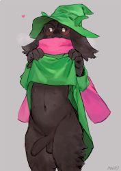 Rule 34 | 1boy, animal ears, artist name, bebebe, blush, breath, closed mouth, clothes lift, cowboy shot, deltarune, dress, dress lift, erection, fangs, furry, furry male, glasses, goat ears, green dress, green hat, grey background, hands up, happy, hat, heart, lifting own clothes, long sleeves, male focus, navel, nipples, penis, pink scarf, ralsei, scarf, signature, simple background, smile, solo, standing, sweat, testicles, uncensored, white eyes, witch hat