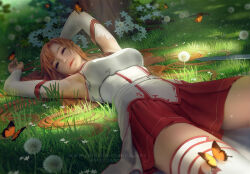 Rule 34 | 1girl, arm above head, armor, armpits, artist name, asuna (sao), breastplate, breasts, brown eyes, brown hair, bug, butterfly, dandelion, detached sleeves, female focus, flower, grass, insect, long hair, looking at viewer, lying, medium breasts, on back, pleated skirt, red skirt, shirt, skirt, solo, sword art online, thighhighs, thighs, tree, very long hair, waist cape, watermark, web address, white shirt, white thighhighs, zarory
