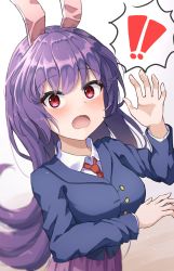 Rule 34 | !, !!, 1girl, animal ears, blazer, hand up, highres, jacket, long hair, necktie, open mouth, purple hair, rabbit ears, red eyes, red necktie, reisen udongein inaba, solo, spoken exclamation mark, surprised, touhou, upper body, yosshy