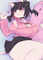Rule 34 | 1girl, :3, absurdres, animal ear fluff, animal ears, animal nose, artist name, bed sheet, bell, black choker, black hair, black ribbon, black skirt, blunt bangs, blush, body fur, breasts, candy, cat ears, cat girl, cat tail, choker, cleavage, cleavage cutout, clothing cutout, colored inner hair, fang, female focus, food, frilled shirt, frills, from above, furry, furry female, grey background, hair ribbon, half-closed eyes, highres, holding, holding candy, holding food, holding lollipop, holding pillow, huge breasts, jingle bell, lollipop, long sleeves, looking at viewer, lying, medium hair, miniskirt, multicolored hair, neck bell, on back, open mouth, original, pillow, pink hair, pink shirt, ribbon, shirt, shirt tucked in, shoulder cutout, sidelocks, signature, simple background, skirt, solo, streaked hair, sweat, tail, thick thighs, thighs, twintails, two-tone hair, ukenya, white fur, yellow eyes