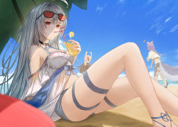 Rule 34 | 3girls, absurdres, ahoge, animal ears, arknights, arms up, ball, beach, beach volleyball, beachball, black legwear, black one-piece swimsuit, blue bow, blue footwear, blue legwear, blue ribbon, bow, breasts, brown hair, choker, closed mouth, cloud, crazy straw, cup, denim, denim shorts, drinking glass, drinking straw, eyewear on head, food, fruit, glasses, hair between eyes, hands on ground, heart straw, highres, jacket, lemon, lemon slice, lingerie, long hair, looking at viewer, looking away, medium breasts, multiple girls, negligee, notice lines, ocean, official alternate costume, one-piece swimsuit, provence (arknights), provence (casual vacation) (arknights), purple hair, red eyes, ribbon, sand, shoes, shorts, skadi (arknights), skadi (waverider) (arknights), sky, skyfire (arknights), skyfire (temperature difference) (arknights), swimsuit, tail, toeless legwear, underwear, uzurako, white hair, white jacket