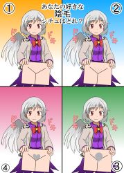 Rule 34 | 1girl, bow, bowtie, commentary request, dress, female pubic hair, highres, jacket, kishin sagume, long sleeves, looking at viewer, mikazuki neko, multiple views, pubic hair, purple dress, short hair, sign, silver hair, single wing, touhou, translation request, wings