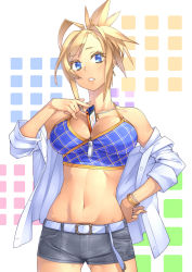 Rule 34 | 1girl, 23 (real xxiii), bare shoulders, belt, between breasts, blonde hair, blue eyes, blush, bracelet, breasts, cellphone, cleavage, denim, denim shorts, earrings, female focus, hand on own hip, highres, hip focus, jewelry, large breasts, navel, necklace, open clothes, open shirt, original, parted lips, phone, product placement, ring, shirt, short shorts, shorts, sleeves rolled up, smartphone, solo, sony ericsson, toned, ursula (23), wedding band