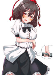 Rule 34 | 1girl, absurdres, arm behind back, black bow, black bowtie, black skirt, blush, bow, bowtie, brown hair, clip studio paint (medium), commentary request, hat, highres, holding, looking at viewer, medium hair, mukkushi, open mouth, puffy short sleeves, puffy sleeves, red eyes, red hat, shameimaru aya, short sleeves, simple background, skirt, smile, solo, textless version, tokin hat, touhou, voice recorder, white background