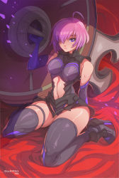 Rule 34 | 1girl, ahoge, armor, armored leotard, black armor, black leotard, boots, clothing cutout, commentary, commission, edwin huang, elbow gloves, english commentary, fate/grand order, fate (series), gloves, gorget, hair over one eye, high heel boots, high heels, highres, holding, holding shield, huge weapon, impossible clothes, impossible leotard, leotard, mash kyrielight, mash kyrielight (ortenaus), multicolored leotard, navel, navel cutout, pink hair, purple eyes, purple gloves, shield, short hair, sitting, skindentation, solo, thigh boots, thigh strap, thighhighs, wariza, weapon