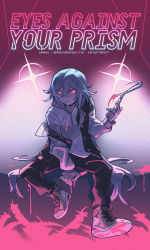 Rule 34 | 1girl, artist name, balisong, banned artist, black hair, black jacket, black pants, blood, blood on clothes, blood on face, bloody weapon, closed mouth, fu hua, fu hua (herrscher of sentience), full body, highres, holding, holding knife, holding weapon, honkai (series), honkai impact 3rd, hood, hoodie, jacket, knife, long hair, long sleeves, looking at viewer, open clothes, open jacket, pants, pink blood, red eyes, shoe soles, shoes, sitting, sneakers, solo, weapon, white hoodie, zaraku