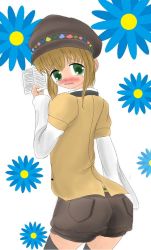Rule 34 | 1girl, artist request, ass, blush, book, brown hair, cabbie hat, female focus, flower, from behind, green eyes, hat, jacket, jpeg artifacts, leia rolando, looking at viewer, looking back, open mouth, short hair, shorts, solo, tales of (series), tales of xillia, tales of xillia 2, tears, thighhighs