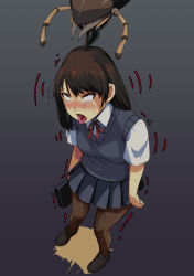 Rule 34 | 1girl, blush, bug, empty eyes, highres, bug, long hair, monster, open mouth, peeing, peril, rolling eyes, saliva, school uniform, simple background, sweat, tongue, tongue out, trembling, what, yoshitora