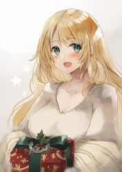 Rule 34 | 1girl, atago (kancolle), blonde hair, blush, box, breasts, cleavage, collarbone, gift, gift box, green eyes, hatomaru (hatomaru56), highres, holding, holding gift, kantai collection, large breasts, long hair, long sleeves, open mouth, shirt, smile, solo, upper body, white shirt