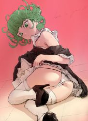 Rule 34 | 1girl, ass, blush, closed mouth, curly hair, dress, from behind, green eyes, green hair, high heels, highres, legs together, looking at viewer, looking back, lying, maid, on side, panties, pantyshot, petite, skindentation, tagme, tatsumaki, thighhighs, thighs, underwear, upskirt, white panties, white thighhighs, youyou shu
