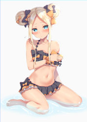 Rule 34 | 1girl, abigail williams (emerald float) (fate), abigail williams (fate), absurdres, bare shoulders, barefoot, bikini, black bikini, black bow, blonde hair, blue eyes, blush, bow, breast hold, breasts, chromatic aberration, closed mouth, collarbone, double bun, emerald float, fate/grand order, fate (series), feet, flying sweatdrops, forehead, frilled bikini, frills, hair bow, hair bun, highres, izure (pixiv16392012), legs, long hair, looking at viewer, miniskirt, navel, official alternate costume, orange bow, parted bangs, polka dot, polka dot bow, simple background, sitting, skirt, small breasts, solo, strap slip, swimsuit, thighs, wariza, water, white background