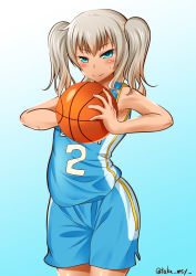 Rule 34 | &gt;:), 10s, 1girl, absurdres, alternate costume, armpits, ball, bare shoulders, basketball, basketball (object), basketball uniform, blue background, blue eyes, blue shorts, blush, body blush, closed mouth, clothes writing, cowboy shot, denver nuggets, gradient background, gradient hair, gym shorts, highres, holding, holding ball, kantai collection, kashima (kancolle), kashisu mint, legs together, long hair, looking at viewer, multicolored hair, national basketball association, short hair, short twintails, shorts, side slit, silver hair, single vertical stripe, smile, solo, sportswear, sweat, tan, tank top, twintails, twitter username, v-shaped eyebrows