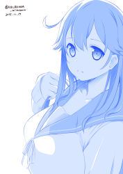 Rule 34 | 1girl, absurdres, ahoge, blue theme, breasts, closed mouth, dated, hair between eyes, highres, himura kiseki (style), kantai collection, large breasts, long hair, long sleeves, looking at viewer, mimamui, one-hour drawing challenge, parody, sailor collar, school uniform, serafuku, simple background, solo, style parody, twitter username, upper body, ushio (kancolle)