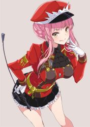 Rule 34 | 1girl, ascot, belt, fate/grand order, fate (series), gloves, grey background, hat, licking lips, looking at viewer, medb (alluring chief warden look) (fate), medb (fate), mutou kurihito, pink hair, riding crop, skirt, solo, tongue, tongue out, yellow eyes
