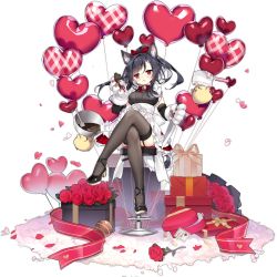 Rule 34 | 1girl, animal ears, animal hands, azur lane, balloon, black footwear, black garter straps, black hair, box, breasts, brown thighhighs, chocolate making, crossed legs, dress, garter straps, gift, gift box, heart balloon, high heels, highres, lace, lace-trimmed legwear, lace trim, long hair, looking at viewer, manjuu (azur lane), official alternate costume, official art, red eyes, saru, shigure (azur lane), shigure (lucky chocolate) (azur lane), shoes, sitting, small breasts, solo, thighhighs, transparent background, white dress