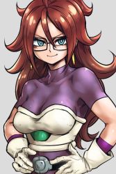 Rule 34 | 1girl, android 21, armor, belt, blue eyes, breastplate, breasts, cheelai (cosplay), cheelai, cosplay, dragon ball, dragon ball fighterz, dragon ball super, dragon ball super broly, earrings, eyelashes, female focus, frown, glasses, gloves, grey background, hands on own hips, jewelry, kemachiku, long hair, looking at viewer, purple shirt, red hair, shirt, simple background, smile, solo, spiked hair, upper body, white gloves