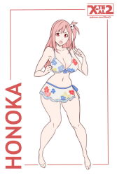 Rule 34 | 1girl, artist name, bare shoulders, bikini, bikini skirt, breasts, character name, cleavage, dead or alive, dead or alive 5, female focus, flat color, floral print, full body, hair ornament, honoka (doa), huge breasts, long hair, looking at viewer, navel, open mouth, pink hair, side ponytail, skirt, solo, stomach, swimsuit, watermark, web address, white background, x-t3al