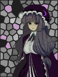 Rule 34 | 1girl, black bow, black bowtie, blunt bangs, bow, bowtie, dress, expressionless, female focus, grey eyes, hat, long hair, long sleeves, looking at viewer, low-tied long hair, mob cap, mosaic background, patchouli knowledge, purple dress, saishou, solo, stained glass, touhou