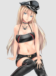 Rule 34 | 10s, 1girl, alternate costume, anchor, bismarck (kancolle), blonde hair, blue eyes, breasts, choker, cleavage, hat, irohakaede, kantai collection, long hair, medium breasts, military hat, navel, peaked cap, short shorts, shorts, simple background, solo, thighhighs
