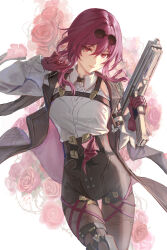 Rule 34 | 1girl, aiming up, athenawyrm, black jacket, black pantyhose, black shorts, breasts, collared shirt, commentary, english commentary, eyewear on head, floral background, flower, gun, hands up, head tilt, high-waist shorts, holding, holding gun, holding weapon, honkai: star rail, honkai (series), jacket, jacket on shoulders, kafka (honkai: star rail), looking at viewer, medium breasts, pantyhose, pantyhose under shorts, pink hair, red eyes, red flower, red rose, rose, shirt, short hair, short hair with long locks, shorts, sidelocks, simple background, smile, solo, thigh strap, tinted eyewear, weapon, white background, white shirt