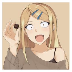 Rule 34 | 10s, 1girl, :d, bare shoulders, blonde hair, blush, bra, brown eyes, chocolate, collarbone, constricted pupils, dagashi kashi, ear piercing, earrings, endou saya, fang, hair ornament, hairclip, highres, jewelry, mafuyu no mo, off shoulder, open mouth, piercing, shiny skin, smile, solo, sweater, underwear