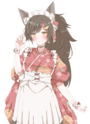 Rule 34 | 1girl, alternate costume, animal ear fluff, animal ears, apron, arm up, black hair, blush, claw pose, closed mouth, commission, enmaided, flipped hair, floral print, frilled apron, frills, highres, hiro (hirohiro31), hololive, japanese clothes, kimono, long hair, looking at viewer, maid, maid headdress, multicolored hair, official alternate costume, ookami mio, ookami mio (new year), print kimono, red hair, red kimono, side ponytail, simple background, skeb commission, sleeves rolled up, smile, solo, streaked hair, tasuki, virtual youtuber, wa maid, waist apron, white apron, white background, wolf ears, wolf girl, wrist cuffs, yellow eyes
