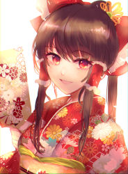 Rule 34 | 1girl, :d, bad id, bad pixiv id, bloom, blush, bow, breasts, brown hair, commentary request, floral print, frills, hair between eyes, hair bow, hair tubes, hakurei reimu, hand fan, highres, holding, holding fan, japanese clothes, kimono, long hair, looking at viewer, medium breasts, obi, open mouth, ponytail, red bow, red eyes, red kimono, sango (coral0707), sash, sidelocks, simple background, smile, solo, touhou, upper body, white background