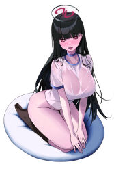 Rule 34 | 1girl, black hair, black socks, blue archive, blush, breasts, full body, gym shirt, hair ornament, hairpin, halo, highres, large breasts, long hair, looking at viewer, magya416, open mouth, red eyes, rio (blue archive), see-through, see-through shirt, shirt, short sleeves, simple background, socks, solo, tongue, tongue out, wet, wet clothes, wet shirt, white background, white shirt
