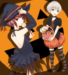 Rule 34 | 10s, 2girls, :d, alternate costume, basket, candy, food, halloween, halloween costume, hat, highres, kantai collection, kuro-ra, lollipop, looking at viewer, multiple girls, open mouth, smile, striped clothes, striped legwear, striped thighhighs, thighhighs, witch hat, z1 leberecht maass (kancolle), z3 max schultz (kancolle)