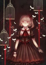Rule 34 | 1girl, alternate costume, ascot, bad id, bad pixiv id, birdcage, blonde hair, blood, cage, corset, crystal, dress, feathers, flandre scarlet, highres, no headwear, no headwear, red eyes, ribbon, savieleco (pixiv2929854), short hair, side ponytail, smile, solo, touhou, wings