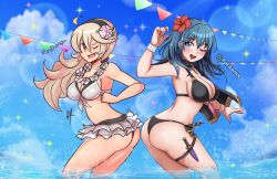 Rule 34 | 2girls, ass, ass-to-ass, bikini, black bikini, black hairband, blue eyes, blue hair, blue sky, breasts, byleth (female) (fire emblem), byleth (female) (summer) (fire emblem), byleth (fire emblem), cleavage, cloud, corrin (female) (fire emblem), corrin (female) (summer) (fire emblem), corrin (fire emblem), dagger, day, fang, fire emblem, fire emblem: three houses, fire emblem fates, fire emblem heroes, flower, from side, hair flower, hair ornament, hairband, highres, knife, large breasts, long hair, looking to the side, multiple girls, nintendo, official alternate costume, one eye closed, open mouth, patdarux, raydango, red eyes, sheath, sheathed, sky, swimsuit, thigh strap, twitter username, wading, water, weapon, white hair, wreath