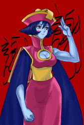 Rule 34 | 1girl, blue skin, breasts, capcom, cleavage, cleavage cutout, clothing cutout, colored skin, flipped hair, lei lei, red background, solo, tetsu (kimuchi), vampire (game)