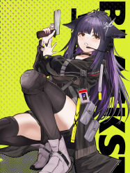 Rule 34 | 1girl, absurdres, animal ears, arknights, black collar, blue hair, blush, cat ears, collar, commentary, full body, gun, highres, holding, holding gun, holding weapon, id card, jacket, jessica (arknights), jessica the liberated (arknights), multicolored hair, nail polish, official alternate costume, open clothes, ponytail, puranetto (vjun4748), purple hair, shirt, shorts, solo, thighhighs, weapon, yellow eyes