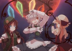 Rule 34 | 3girls, alternate wings, blonde hair, blue eyes, braid, chain, china dress, chinese clothes, cuffs, dress, female focus, fighting stance, flandre scarlet, full moon, fuurin (omaemona), gloves, grin, hair over one eye, handcuffs, hat, hong meiling, izayoi sakuya, knife, long hair, looking back, maid headdress, moon, multiple girls, red eyes, red hair, red moon, side ponytail, silver hair, smile, throwing knife, touhou, twin braids, very long hair, weapon, wings