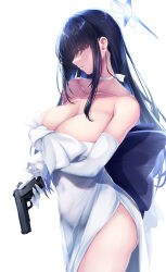 Rule 34 | 1girl, black hair, blue archive, blue eyes, blue hair, blue halo, bow, breasts, choker, cleavage, collarbone, colored inner hair, covered navel, dress, dress bow, drop earrings, earrings, elbow gloves, gloves, gun, halo, highres, holding, holding gun, holding weapon, huge bow, jewelry, large breasts, long hair, looking at viewer, multicolored hair, official alternate costume, profile, saboten teishoku, saori (blue archive), saori (dress) (blue archive), sig 516, solo, strapless, strapless dress, weapon, white background, white choker, white dress, white gloves