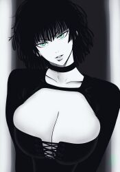 Rule 34 | 1girl, absurdres, black choker, black hair, breast press, breasts, choker, cleavage, collarbone, fubuki (one-punch man), green eyes, highres, large breasts, looking at viewer, monochrome, mostlybluewyatt, one-punch man, open mouth, short hair, simple background, solo, two-tone background, upper body, v-shaped eyebrows