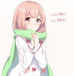 Rule 34 | 1girl, blush, brown hair, carmilla (re:zero), character request, commentary request, enpera, green scarf, jacket, long hair, long sleeves, looking at viewer, nemu mohu, own hands together, pink eyes, pink hair, re:zero kara hajimeru isekai seikatsu, scarf, simple background, smile, solo, translation request, upper body, white background, white jacket