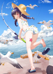 Rule 34 | 1girl, aesice, animal, ass, bare legs, bare shoulders, barefoot, beach, bikini, bikini bottom pull, bird, black hair, blue archive, blue sky, blush, braid, breasts, cloud, crocs, day, fishing, fishing line, fishing rod, from behind, full body, grey halo, hair ornament, hair ribbon, halo, hat, highres, holding, holding fishing rod, leaf, leaf on head, leaf print, looking at viewer, looking back, miyu (blue archive), miyu (swimsuit) (blue archive), ocean, official alternate costume, open mouth, print bikini, ribbon, seagull, sky, small breasts, soles, solo, standing, starfish, straw hat, sun hat, swimsuit, twin braids, twintails, water, wedgie, white bikini, white halo