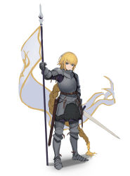 Rule 34 | 1girl, absurdly long hair, armor, blonde hair, blue eyes, braid, braided ponytail, breastplate, commentary request, fate/apocrypha, fate (series), flag, full body, gauntlets, hair between eyes, highres, holding, holding sword, holding weapon, jason kim, jeanne d&#039;arc (fate), jeanne d&#039;arc (ruler) (fate), long hair, looking at viewer, plate armor, sheath, solo, standing, sword, very long hair, weapon