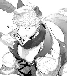 Rule 34 | 2boys, animal ears, bad id, bad twitter id, bara, closed eyes, fur collar, gran (granblue fantasy), granblue fantasy, greyscale, hand on another&#039;s head, headpat, highres, jacket, large pectorals, male focus, migi (mm86262394), monochrome, mouth hold, multiple boys, muscular, muscular male, official alternate costume, pants, pectorals, short hair, smile, solo focus, squatting, tail, tank top, translation request, vane (granblue fantasy), wolf boy, wolf ears, wolf tail