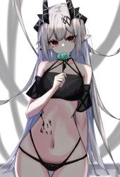 Rule 34 | 1girl, absurdres, arknights, bikini, black bikini, covered mouth, cowboy shot, demon girl, demon horns, flower, green flower, grey hair, hand up, highres, holding, holding flower, horns, long hair, looking at viewer, material growth, mudrock (arknights), mudrock (silent night) (arknights), navel, official alternate costume, oripathy lesion (arknights), pointy ears, red eyes, solo, swimsuit, thigh gap, touko (toko12 tooko), wide hips