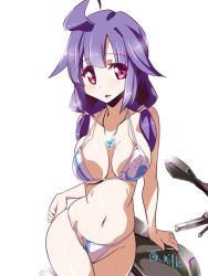 Rule 34 | 10s, 1girl, bikini, blush, breasts, kantai collection, long hair, low twintails, magatama, miuku (marine sapphire), motor vehicle, motorcycle, navel, open mouth, pink eyes, purple hair, red eyes, simple background, solo, swimsuit, taigei (kancolle), twintails, vehicle