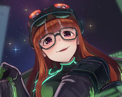 Rule 34 | 10s, 1girl, blush, breasts, brown hair, commission, glasses, goggles, goggles on head, kamille (vcx68), long hair, looking at viewer, medium breasts, parted lips, persona, persona 5, purple eyes, sakura futaba, smile, solo, upper body