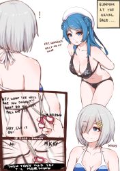 Rule 34 | !, 10s, 2girls, :o, arms behind back, back, bare arms, bare shoulders, beret, bikini, black bikini, blue eyes, blue hair, blush, breasts, butt crack, cleavage, closed mouth, collarbone, comic, commentary request, disco brando, double bun, dressing, emphasis lines, english text, eyes visible through hair, floral print, hair bun, hair over one eye, hamakaze (kancolle), hanging breasts, hat, highres, kantai collection, large breasts, leaning forward, long hair, looking to the side, meme, multiple girls, open mouth, scissors, short hair, silver hair, smug, standing, striped bikini, striped clothes, summer, swimsuit, text focus, they had lots of sex afterwards (meme), urakaze (kancolle), white hat