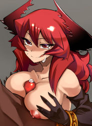 Rule 34 | 1girl, bangle, black gloves, borrowed character, bracelet, breasts, breasts squeezed together, cum, curly hair, dark-skinned male, dark skin, demon girl, elbow gloves, gloves, horns, jewelry, large breasts, licking lips, long hair, maou beluzel, nada haruka, nipples, nude, original, paizuri, penis, precum, red eyes, red hair, smile, solo focus, sweat, tongue, tongue out, uncensored