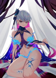 Rule 34 | 1girl, absurdres, bare shoulders, blue fire, blue hair, blush, body markings, breasts, curtains, doufu (pixiv9093484), earrings, fate/grand order, fate (series), fire, flower, hair flower, hair ornament, hair ribbon, highres, jewelry, kama (fate), kama (swimsuit avenger) (fate), kama (swimsuit avenger) (third ascension) (fate), large breasts, long hair, looking at viewer, lotus, multicolored hair, nail polish, navel, red eyes, revealing clothes, ribbon, silver hair, sitting, smile, solo, star (symbol), star earrings, thighs, two-tone hair