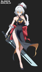 1girl absurdres alternate_costume artist_name bare_legs black_background black_dress black_footwear blush breasts brown_eyes china_dress chinese_clothes closed_mouth dated dress elbow_gloves full_body gloves hair_between_eyes high_heels high_ponytail highres holding holding_sword holding_weapon long_hair looking_at_viewer medium_breasts ponytail re_naya sidelocks simple_background soldier_11_(zenless_zone_zero) solo sword weapon white_gloves white_hair zenless_zone_zero